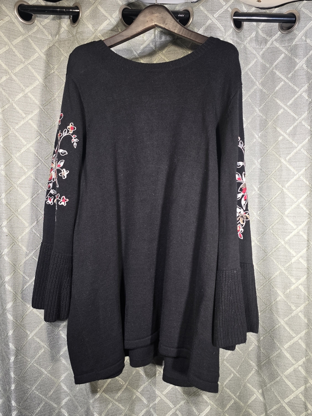 Susan Graver Black Knit Tunic Style Sweater with Floral Embroidered Bell Sleeves